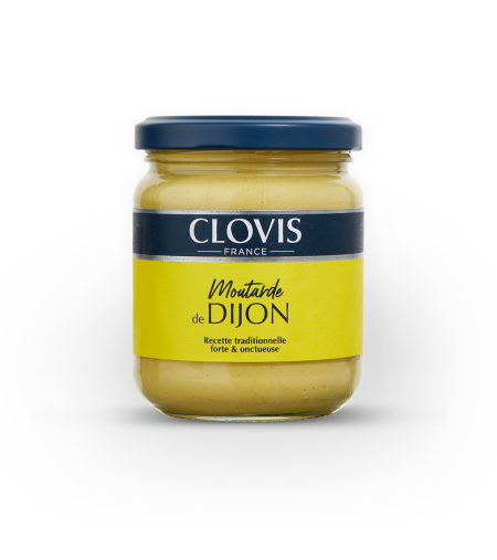 Pot de moutarde de Dijon, marque Clovis, format 200g, sur fond blanc.