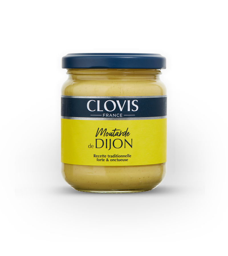 Pot de moutarde de Dijon, marque Clovis, format 200g, sur fond blanc.