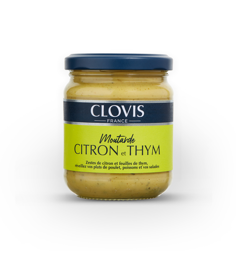 Pot de moutarde citron et thym, de marque Clovis, format 200g, sur fond blanc.