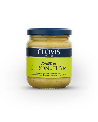 Pot de moutarde citron et thym, de marque Clovis, format 200g, sur fond blanc.