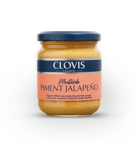 Moutarde Piment Jalapeño, marque  Clovis, format 200g, sur fond blanc