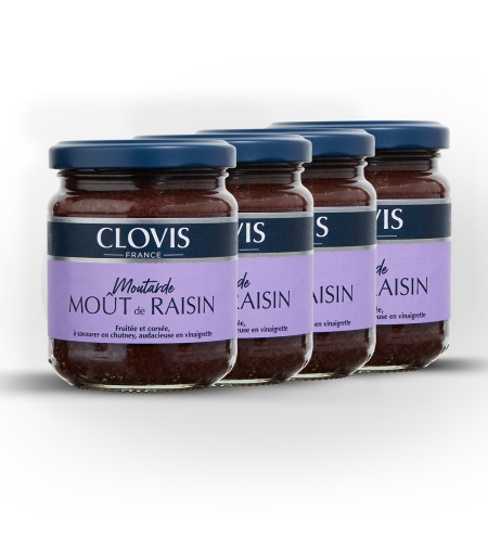 Lot de 4 pots Moutarde moût de raisin, marque Clovis, format 200g, sur fond blanc