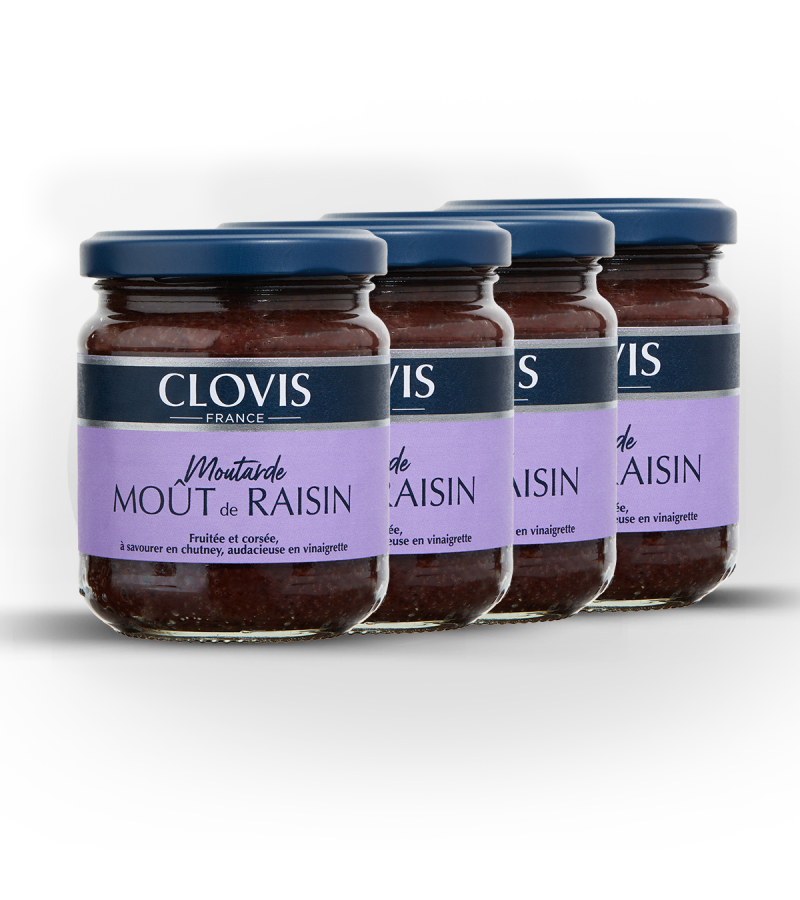 Lot de 4 pots Moutarde moût de raisin, marque Clovis, format 200g, sur fond blanc