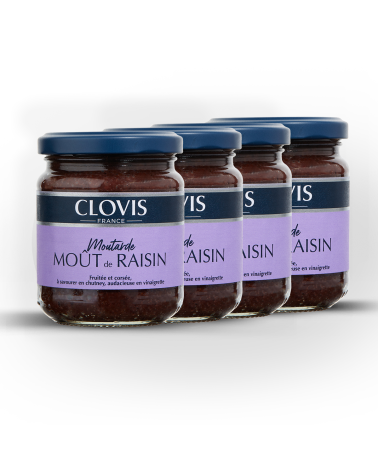 Lot de 4 pots Moutarde moût de raisin, marque Clovis, format 200g, sur fond blanc