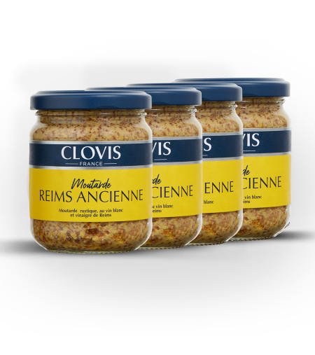 Lot de 4 pots Moutarde de Reims Ancienne, marque Clovis, format 200g, sur fond blanc