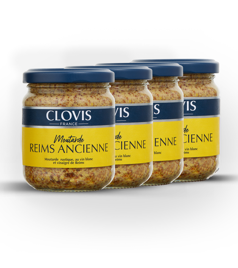Lot de 4 pots Moutarde de Reims Ancienne, marque Clovis, format 200g, sur fond blanc