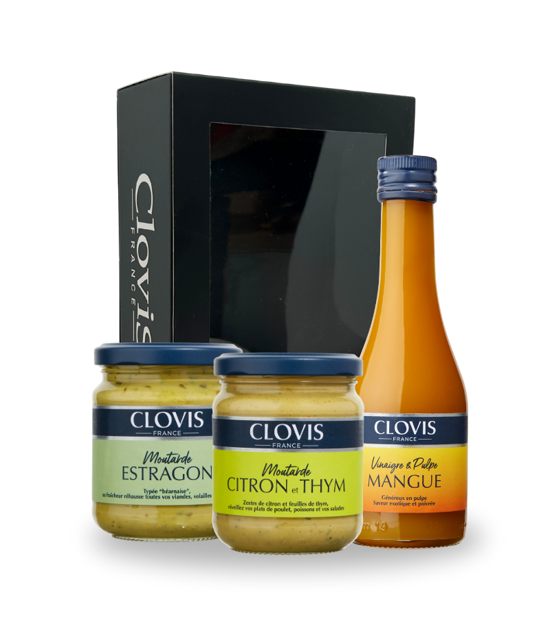 Coffret Fraîcheur Clovis : 2 Moutardes 200g et 1 Vinaigre 25cl