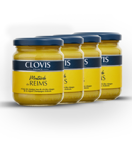 Lot de 4 pots Moutarde de Reims, marque Clovis, format 200g, sur fond blanc