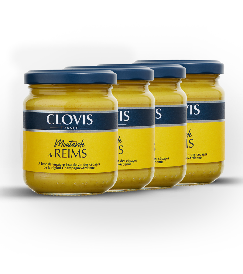 Lot de 4 pots Moutarde de Reims, marque Clovis, format 200g, sur fond blanc