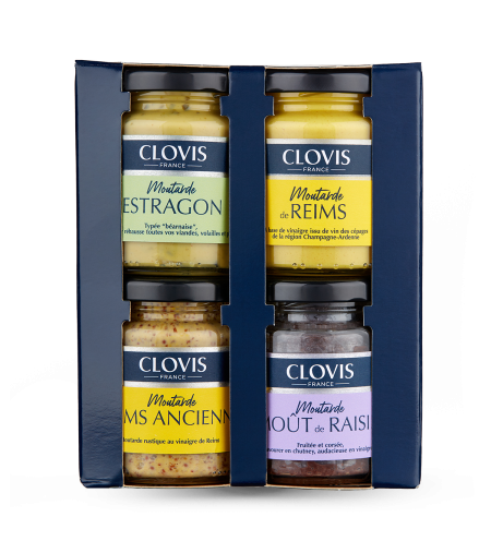Kit 4x90g Moutarde de Reims, Reims Ancienne, Estragon et Moût de Raisin, les 4 en coffret, sur fond blanc