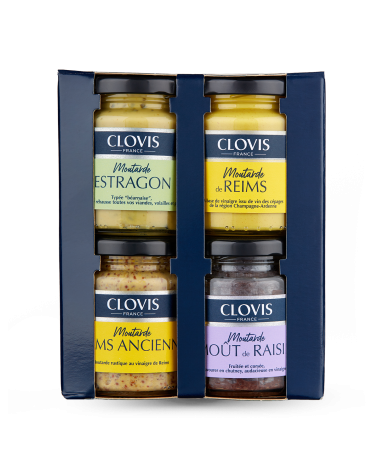 Kit 4x90g Moutarde de Reims, Reims Ancienne, Estragon et Moût de Raisin, les 4 en coffret, sur fond blanc