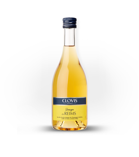 Bouteille de Vinaigre de Reims, marque Clovis, format 50cl, sur fond blanc