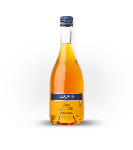 Vinaigre de Cidre d'origine 100% France, marque Clovis, format 50cl, sur fond blanc