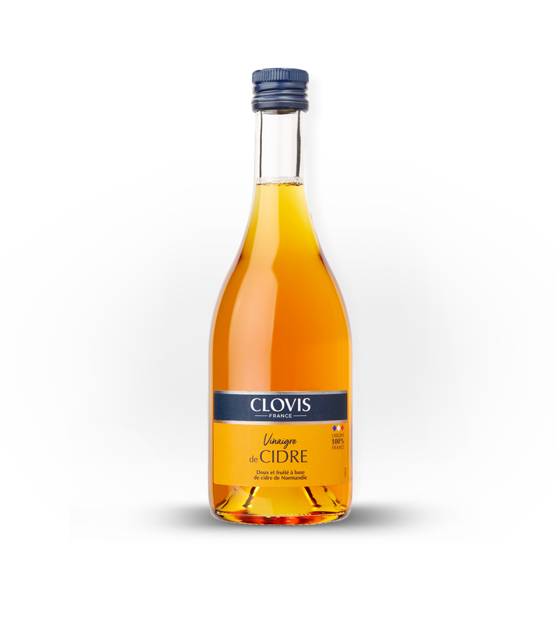 Vinaigre de Cidre d'origine 100% France, marque Clovis, format 50cl, sur fond blanc