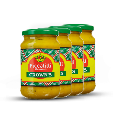 4 pots de moutarde Piccalilli, marque Crown's, format 350g, sur fond blanc