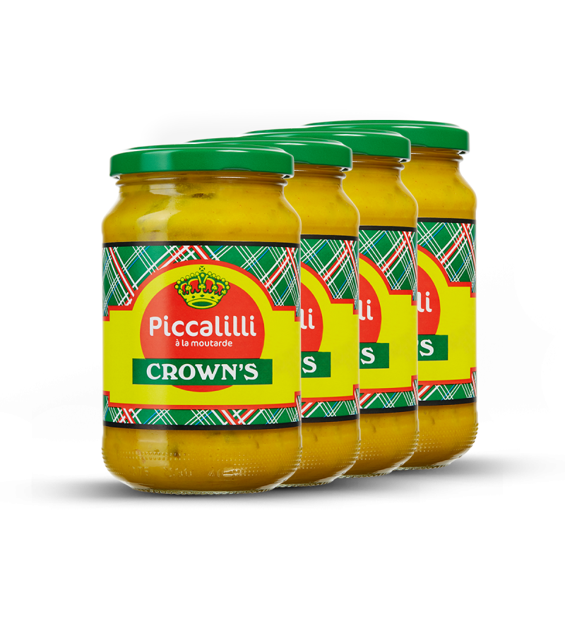 4 pots de moutarde Piccalilli, marque Crown's, format 350g, sur fond blanc