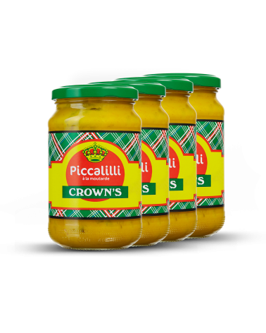 4 pots de moutarde Piccalilli, marque Crown's, format 350g, sur fond blanc
