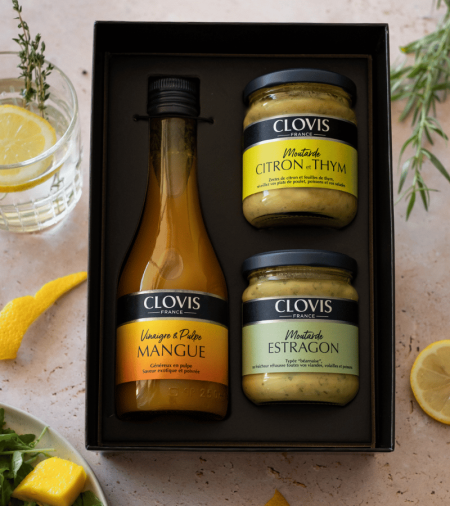 Coffret Fraîcheur Clovis : 2 Moutardes 200g et 1 Vinaigre 25cl