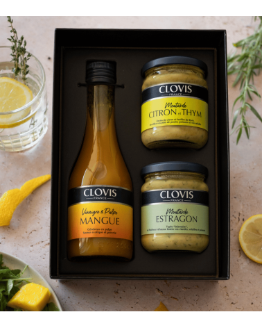 Coffret Fraîcheur Clovis : 2 Moutardes 200g et 1 Vinaigre 25cl
