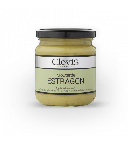 Pot de moutarde à l'estragon Clovis, format 200g, sur fond blanc