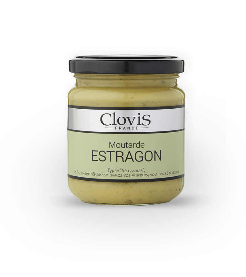 Pot de moutarde à l'estragon Clovis, format 200g, sur fond blanc