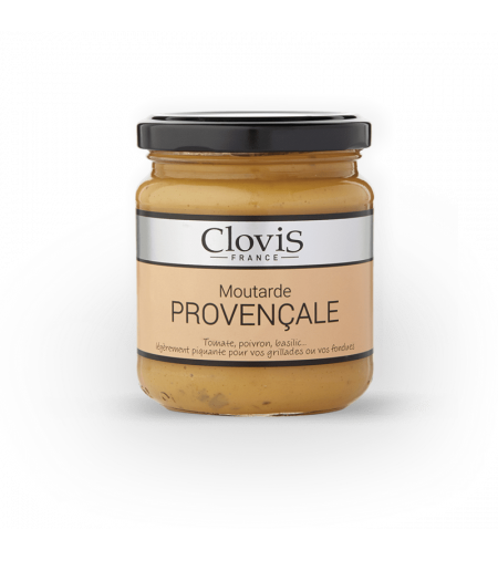 Pot de moutarde provençale, marque Clovis, format 200g, sur fond blanc