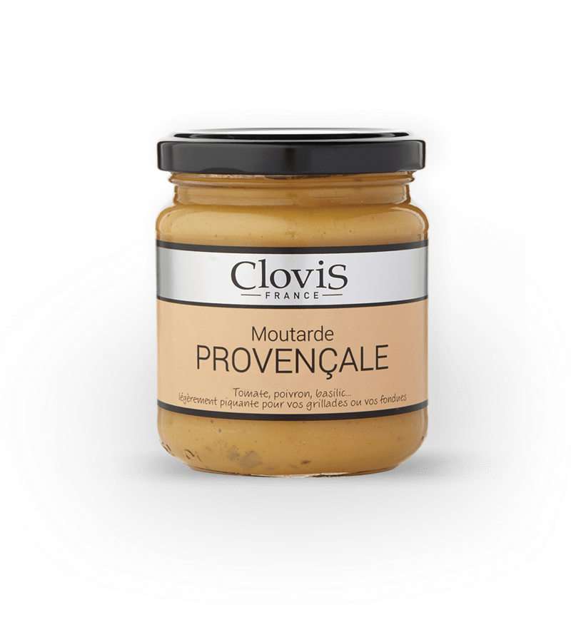 Pot de moutarde provençale, marque Clovis, format 200g, sur fond blanc