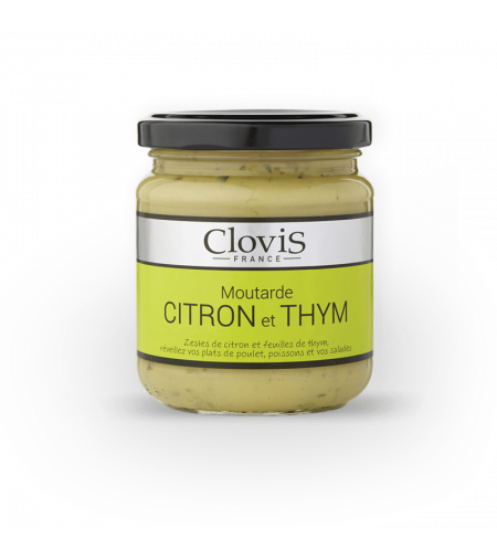 Pot de moutarde citron et thym Clovis, format 200g, sur fond blanc.