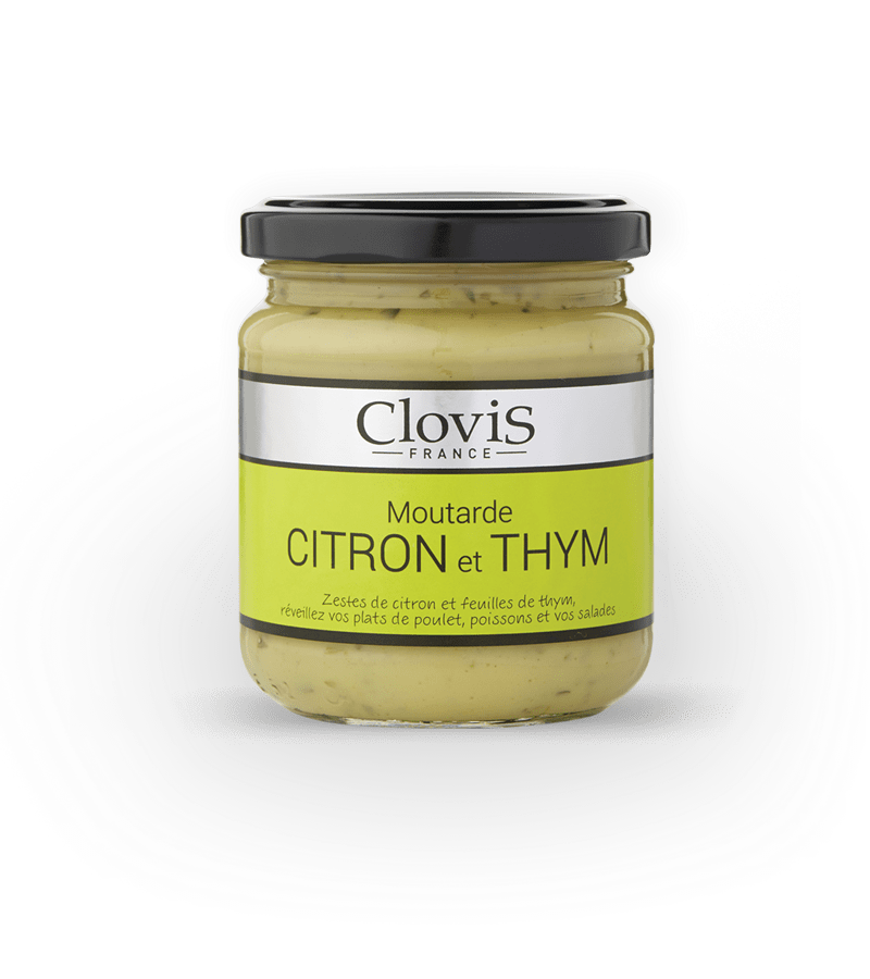 Pot de moutarde citron et thym Clovis, format 200g, sur fond blanc.