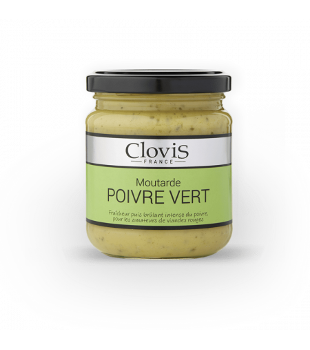 pot de moutarde poivre vert, marque Clovis, format 200g, sur fond blanc