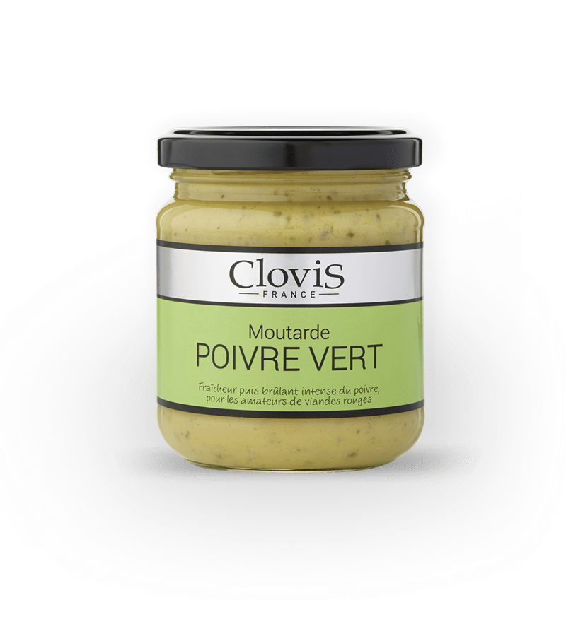 pot de moutarde poivre vert, marque Clovis, format 200g, sur fond blanc