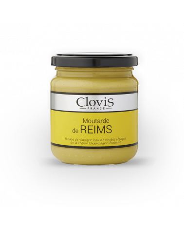 Pot de moutarde de Reims Clovis, format 200g, sur fond blanc.
