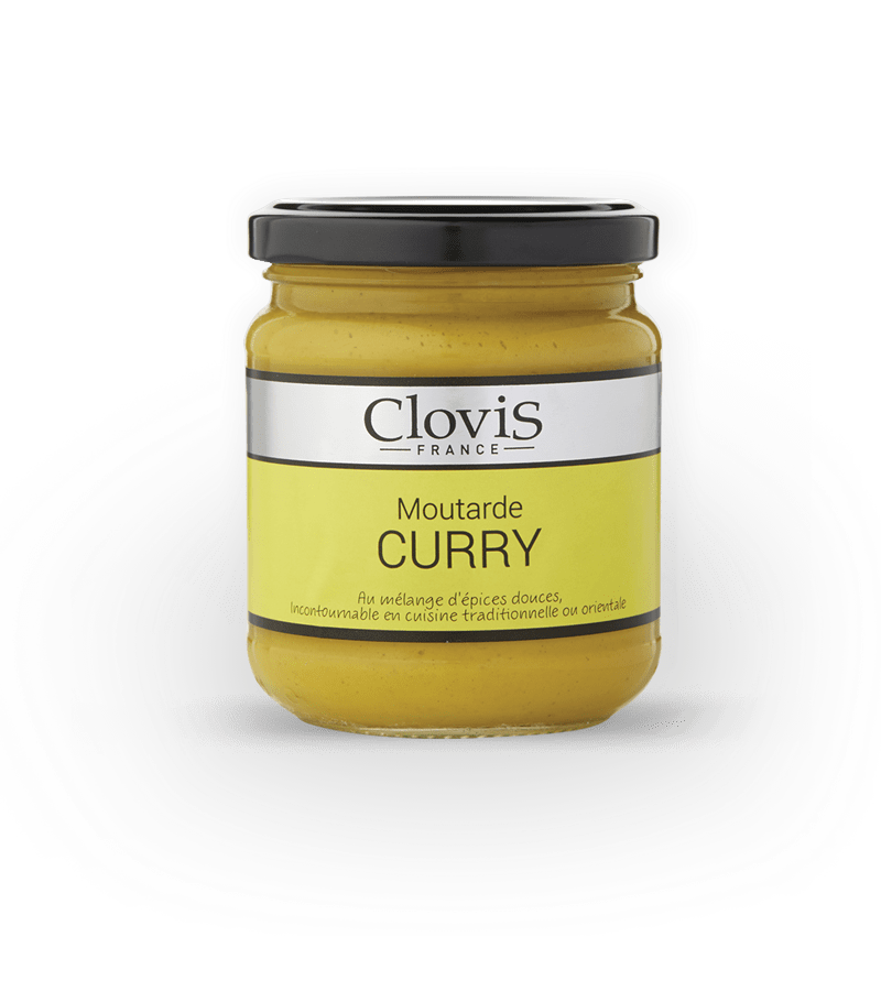 Pot de moutarde au curry Clovis, format 200g, sur fond blanc.