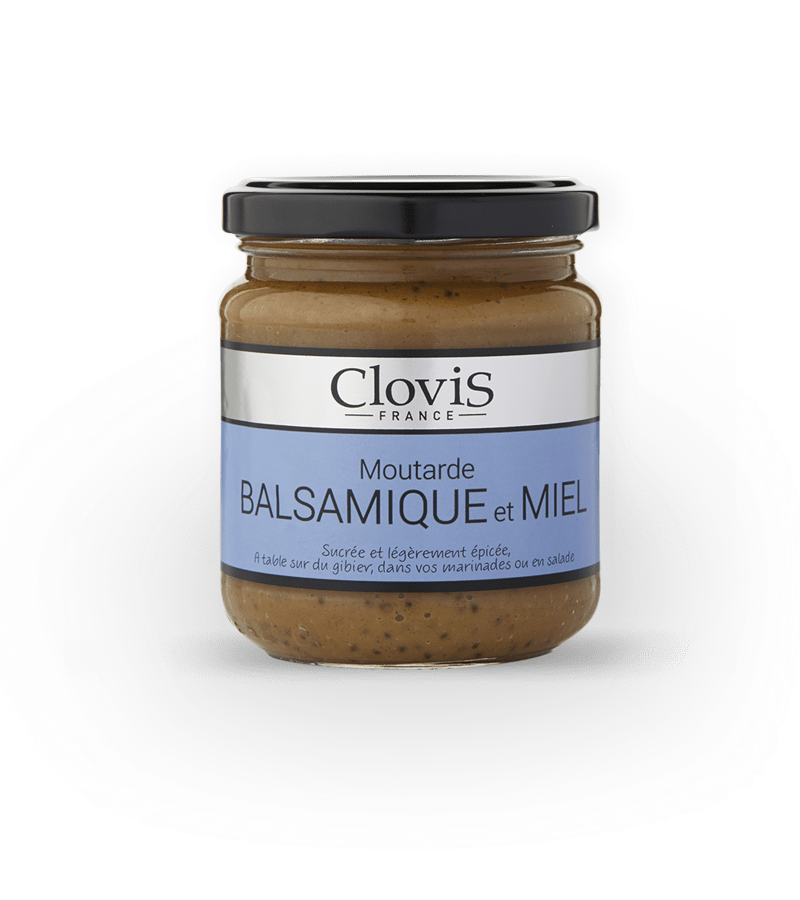 Pot de moutarde Balsamique et Miel, Clovis, format 200g, sur fond blanc.