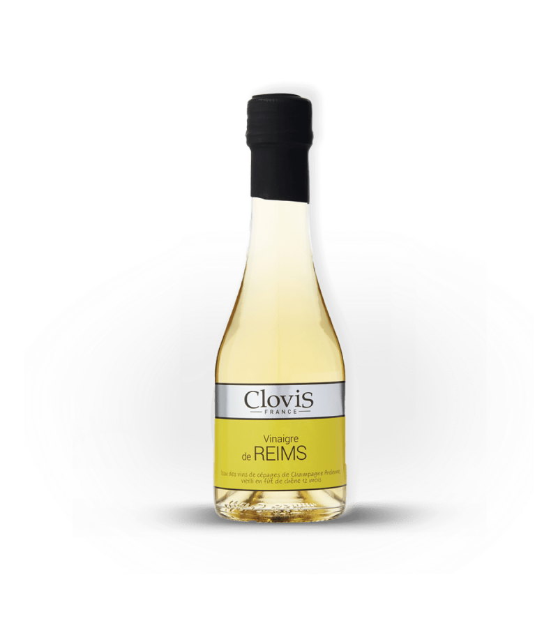 Bouteille de vinaigre de Reims, marque Clovis, format 25cl, sur fond blanc