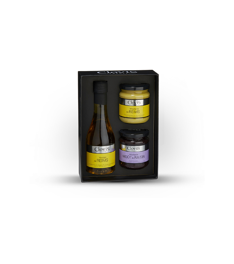 Coffret noir "Terroir" : vinaigre & moutardes, marque Clovis, sur fond blanc