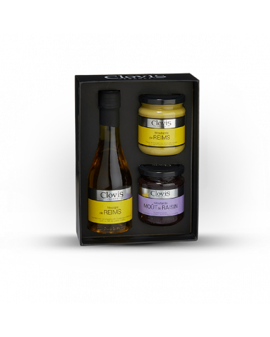 Coffret noir "Terroir" : vinaigre & moutardes, marque Clovis, sur fond blanc