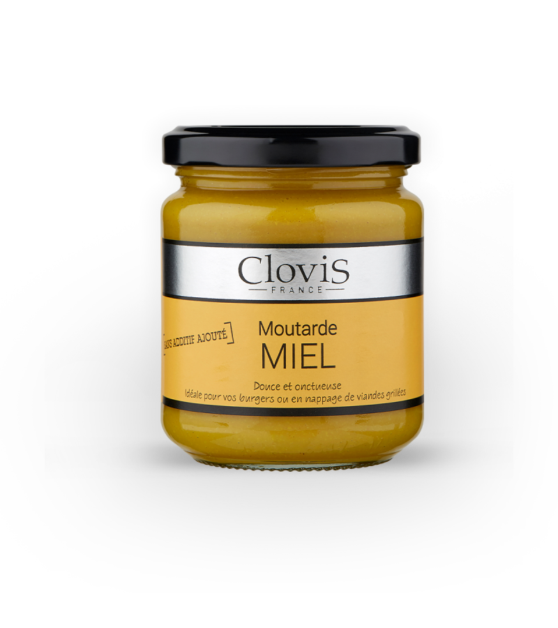 Pot de moutarde au miel, marque Clovis, format 200g, sur fond blanc