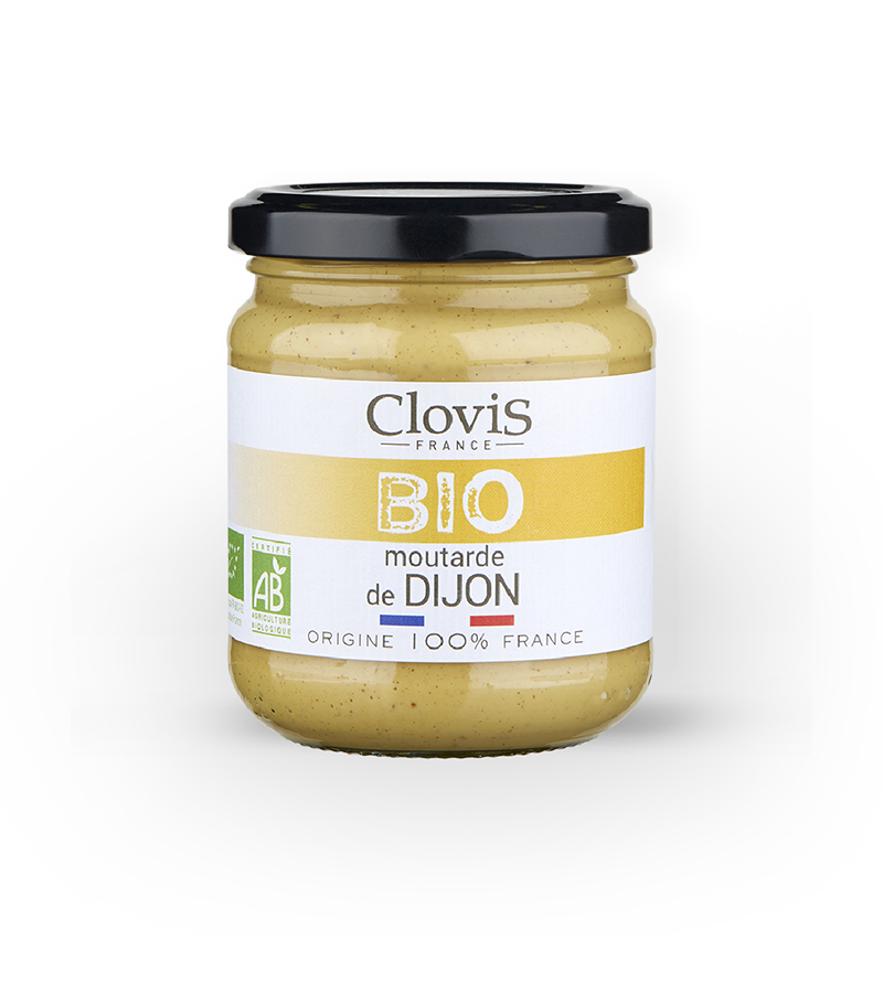 Pot de moutarde de Dijon - marque Clovis - format 200g - 100% origine France - sur fond blanc