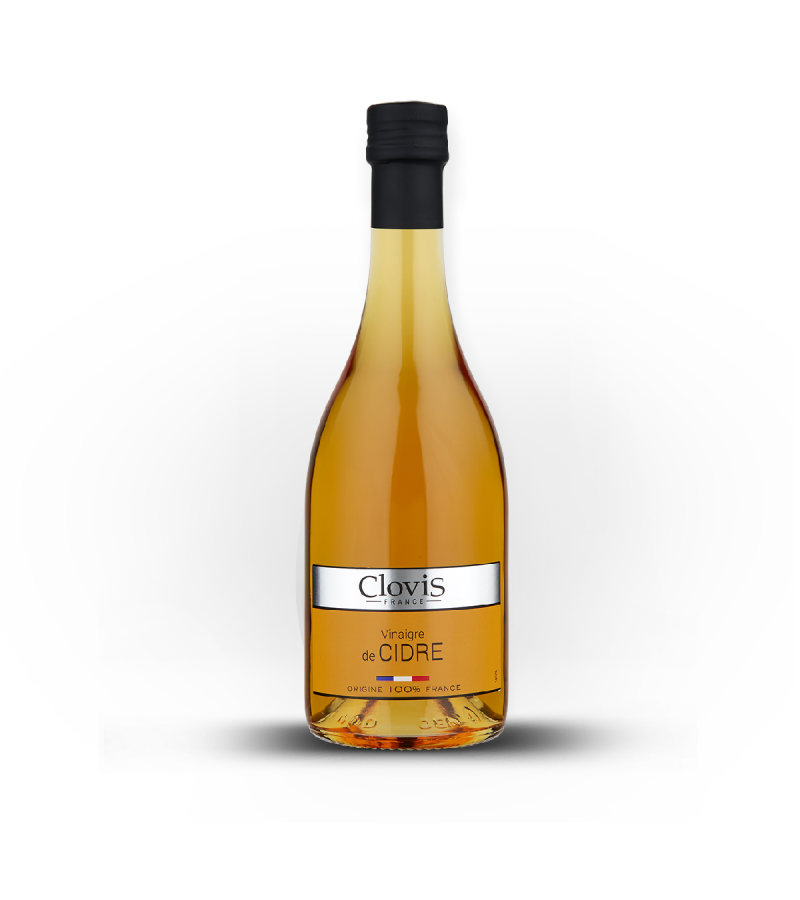 Vinaigre de Cidre 100% FRANCE, marque Clovis, format 50cl, sur fond blanc