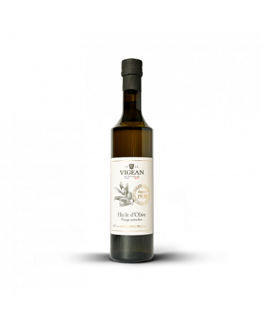 Bouteille d'Huile Olive Vierge Extra Grand Cru Domaine Tabernas, marque Vigean, format 50cl, sur fond blanc