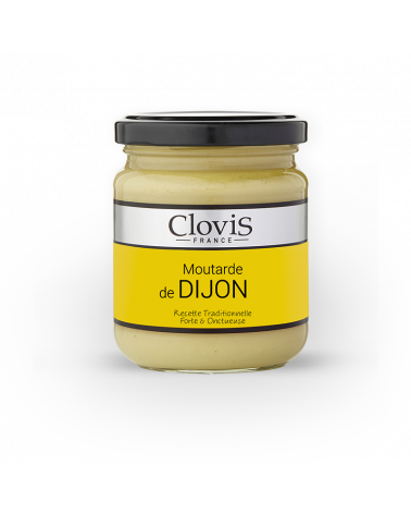 Pot de moutarde de Dijon Clovis, format 200g, sur fond blanc.