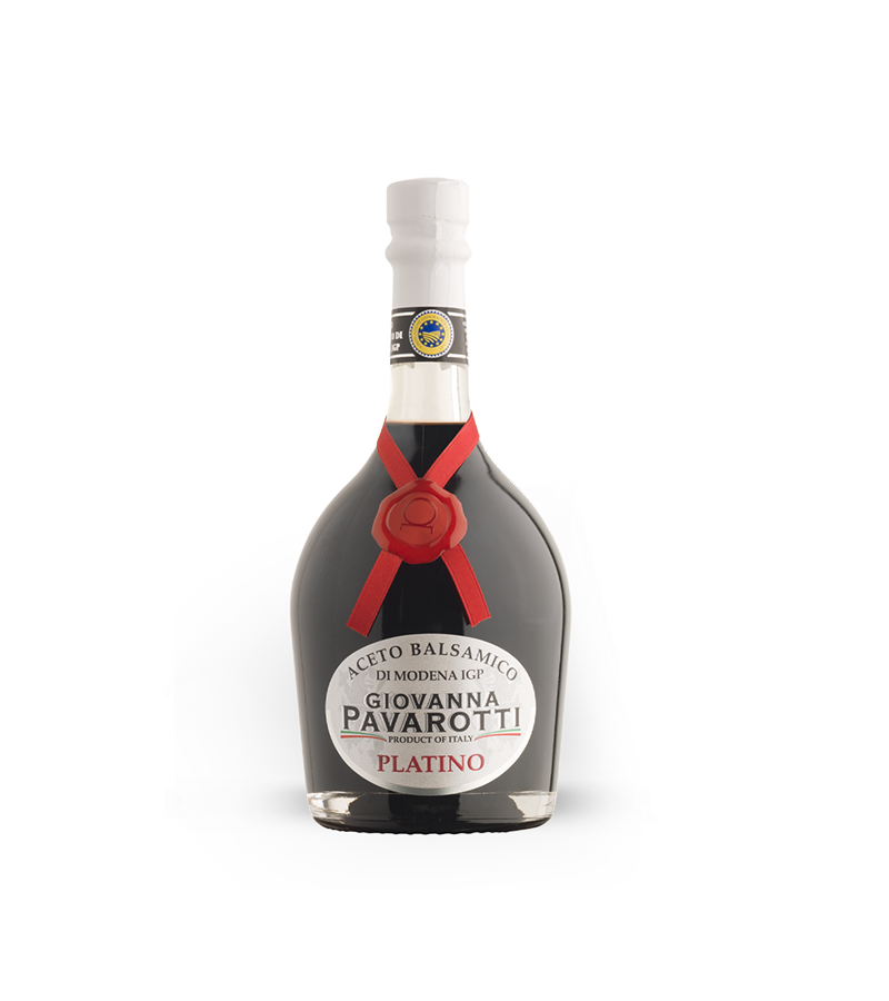 Vinaigre Balsamique de Modène, marque Giovanna Pavarotti Platino, format 25cl, sur fond blanc