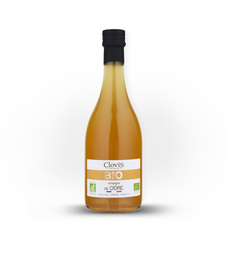 Vinaigre Cidre Bio, Origine 100% FRANCE, marque Clovis, format 50cl, sur fond blanc