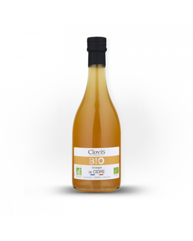 Vinaigre Cidre Bio, Origine 100% FRANCE, marque Clovis, format 50cl, sur fond blanc