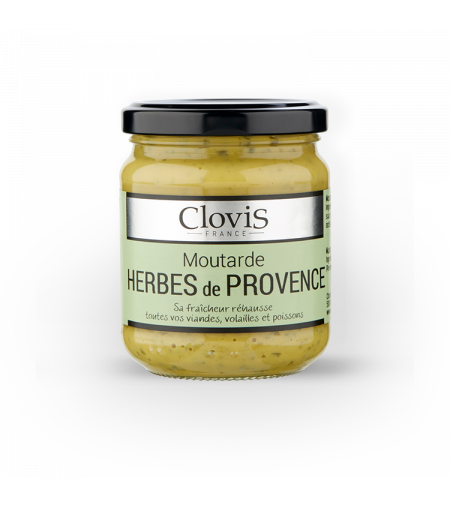 Pot de moutarde aux herbes de Provence, marque Clovis, format 200g, sur fond blanc