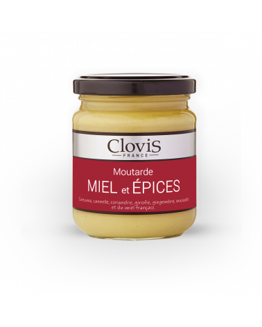 Pot de moutarde Miel et Épices, marque Clovis, format 200g, sur fond blanc