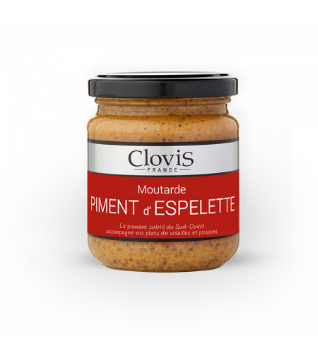 Pot de moutarde piment d'Espelette AOC Clovis, format 200g, sur fond blanc