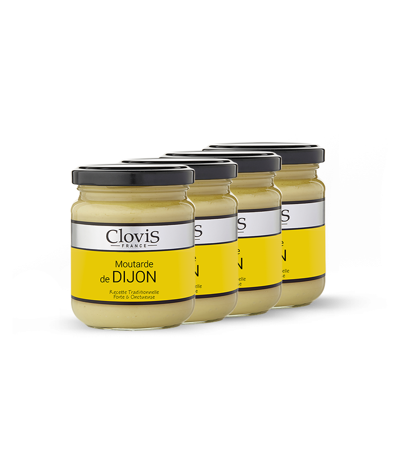 Lot de 4 pots Moutarde de Dijon 200g, marque Clovis, format 200g, sur fond blanc