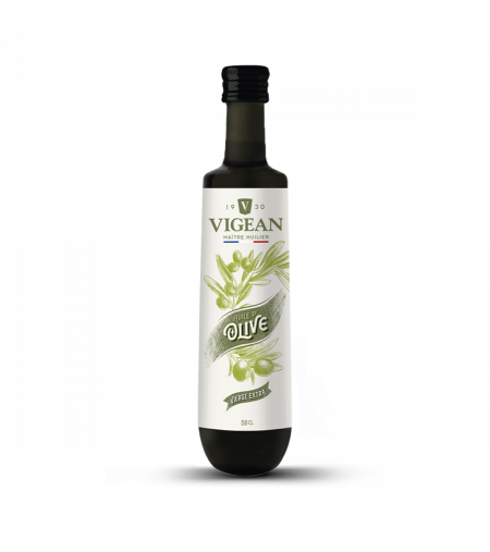 bouteille d'Huile d'Olive Gastronomique, marque Vigean, format 50cl, sur fond blanc